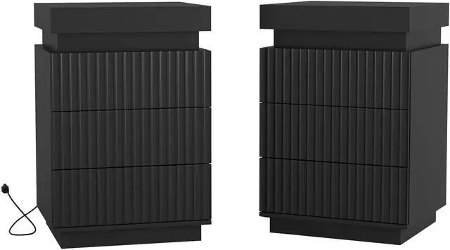 Main image of (Set Of 2) Black Nightstand Set Of 2 With Charging Station & Led Lights, Fluted Wave Panel Bedside Table With Sliding Top Hidden Storage, Night Stand For Bedroom Living Room