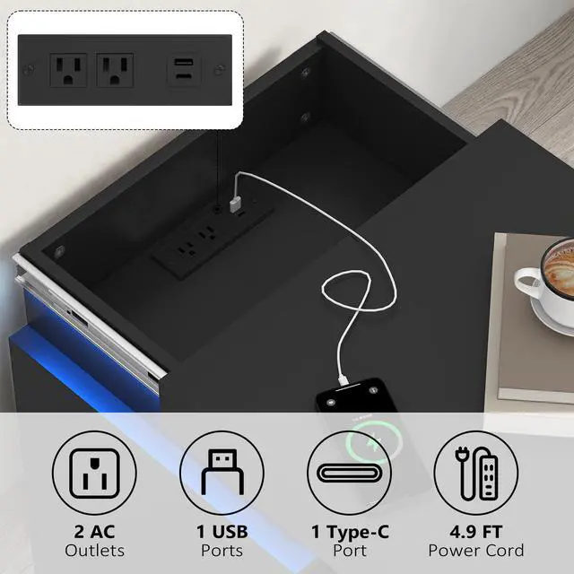 Alt view image 3 of 6 - (Set Of 2) Black Nightstand Set Of 2 With Charging Station & Led Lights, Fluted Wave Panel Bedside Table With Sliding Top Hidden Storage, Night Stand For Bedroom Living Room