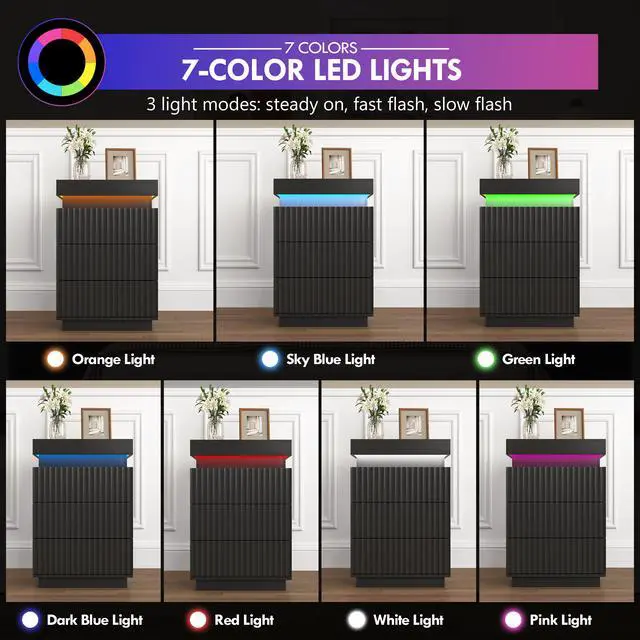 Alt view image 2 of 6 - (Set Of 2) Black Nightstand Set Of 2 With Charging Station & Led Lights, Fluted Wave Panel Bedside Table With Sliding Top Hidden Storage, Night Stand For Bedroom Living Room