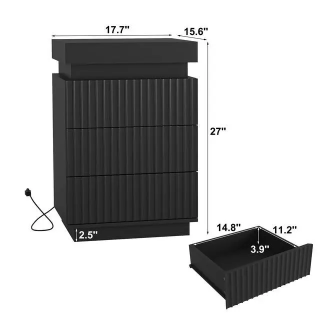 Alt view image 4 of 6 - (Set Of 2) Black Nightstand Set Of 2 With Charging Station & Led Lights, Fluted Wave Panel Bedside Table With Sliding Top Hidden Storage, Night Stand For Bedroom Living Room