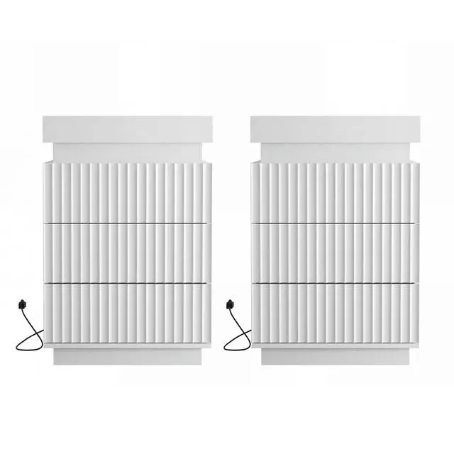 Alt view image 6 of 6 - (Set Of 2) White Nightstand Set Of 2 With Charging Station & Led Lights, Fluted Wave Panel Bedside Table With Sliding Top Hidden Storage, Night Stand For Bedroom Living Room
