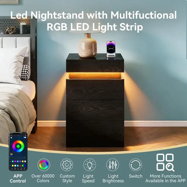 Alt view image 4 of 5 - Nightstand With Built-In Charging Station And Led Lighting, 3-Drawer Sliding-Top Modern Bedside Table, Black Wooden End Table