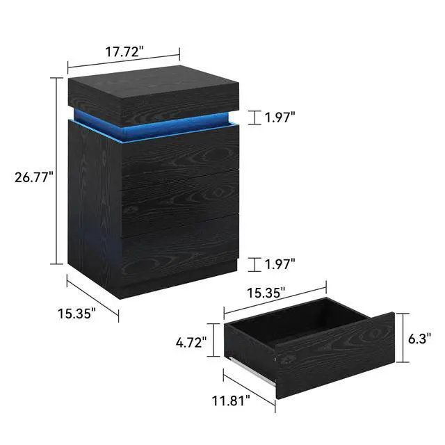 Alt view image 3 of 5 - Nightstand With Built-In Charging Station And Led Lighting, 3-Drawer Sliding-Top Modern Bedside Table, Black Wooden End Table