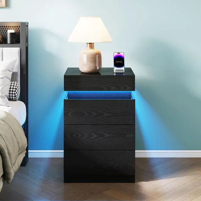Main image of Nightstand With Built-In Charging Station And Led Lighting, 3-Drawer Sliding-Top Modern Bedside Table, Black Wooden End Table