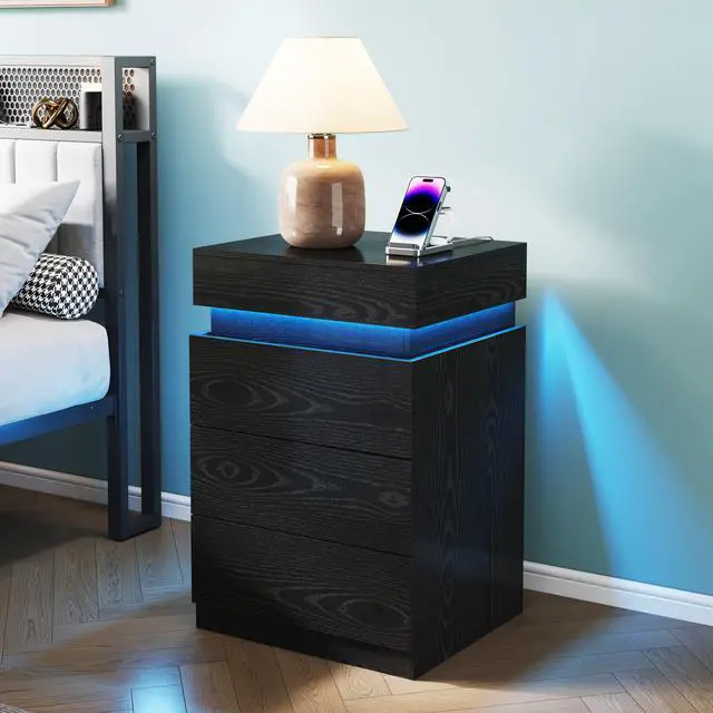 Alt view image 2 of 5 - Nightstand With Built-In Charging Station And Led Lighting, 3-Drawer Sliding-Top Modern Bedside Table, Black Wooden End Table