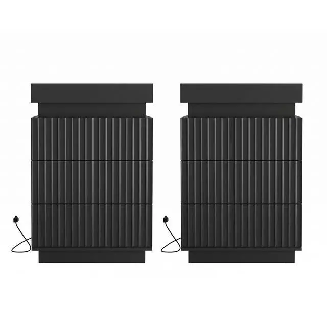 Alt view image 5 of 6 - (Set Of 2) Black Nightstand Set Of 2 With Charging Station & Led Lights, Fluted Wave Panel Bedside Table With Sliding Top Hidden Storage, Night Stand For Bedroom Living Room