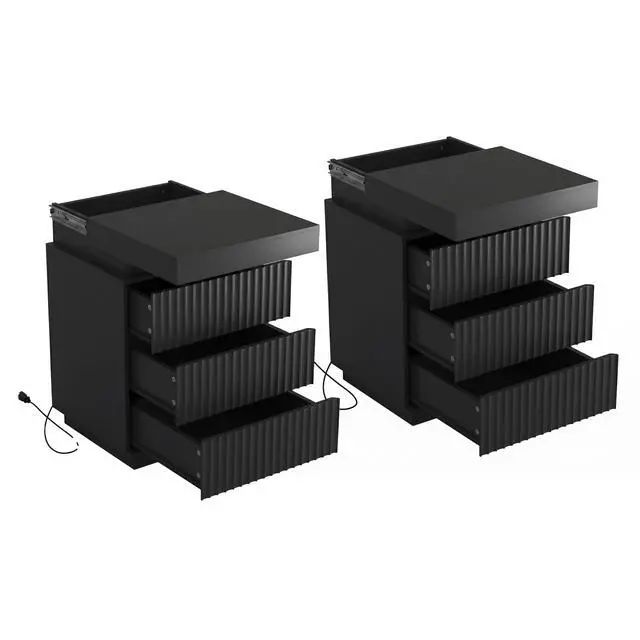 Alt view image 6 of 6 - (Set Of 2) Black Nightstand Set Of 2 With Charging Station & Led Lights, Fluted Wave Panel Bedside Table With Sliding Top Hidden Storage, Night Stand For Bedroom Living Room