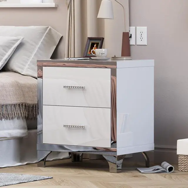 Main image of High Gloss Mirrored Nightstand With 2 Drawers,Modern End Table With Drawers,Mirrored High Gloss Wood Nightstand Metal Handle Bedside End Table For Bedroom, Dorm,Living Room,White