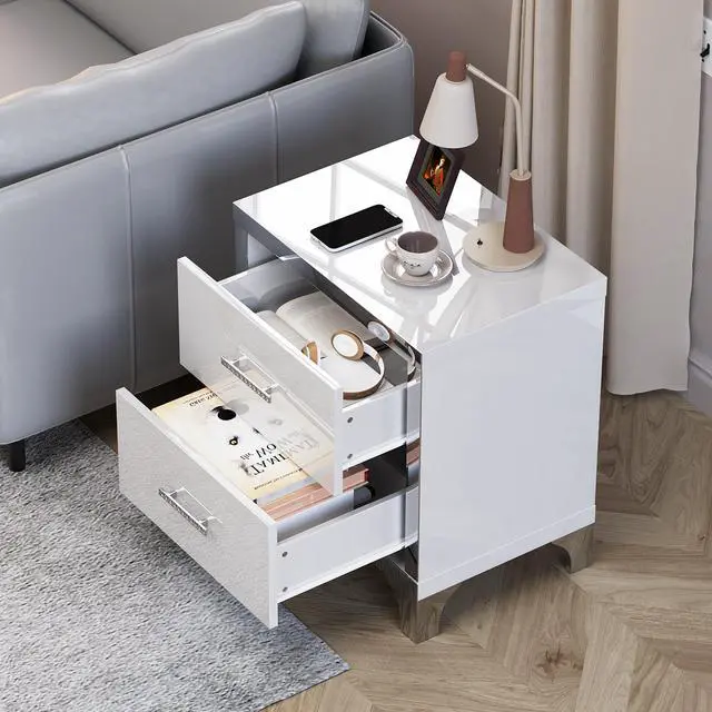 Alt view image 2 of 7 - High Gloss Mirrored Nightstand With 2 Drawers,Modern End Table With Drawers,Mirrored High Gloss Wood Nightstand Metal Handle Bedside End Table For Bedroom, Dorm,Living Room,White