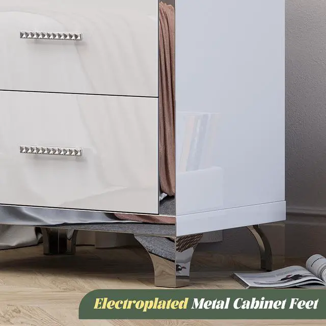 Alt view image 5 of 7 - High Gloss Mirrored Nightstand With 2 Drawers,Modern End Table With Drawers,Mirrored High Gloss Wood Nightstand Metal Handle Bedside End Table For Bedroom, Dorm,Living Room,White