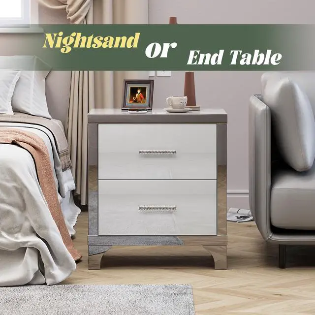 Alt view image 4 of 7 - High Gloss Mirrored Nightstand With 2 Drawers,Modern End Table With Drawers,Mirrored High Gloss Wood Nightstand Metal Handle Bedside End Table For Bedroom, Dorm,Living Room,White