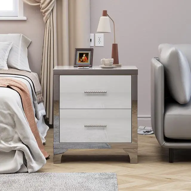 Alt view image 3 of 7 - High Gloss Mirrored Nightstand With 2 Drawers,Modern End Table With Drawers,Mirrored High Gloss Wood Nightstand Metal Handle Bedside End Table For Bedroom, Dorm,Living Room,White