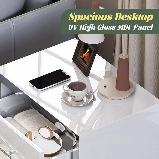 Alt view image 7 of 7 - High Gloss Mirrored Nightstand With 2 Drawers,Modern End Table With Drawers,Mirrored High Gloss Wood Nightstand Metal Handle Bedside End Table For Bedroom, Dorm,Living Room,White