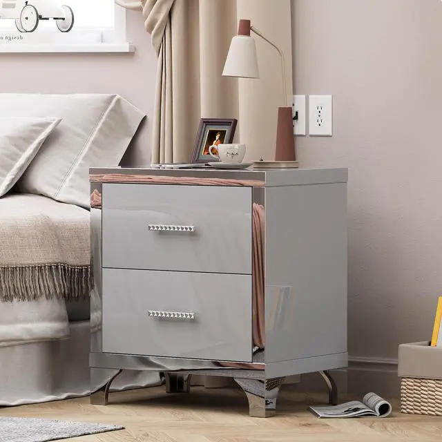 Main image of High Gloss Mirrored Nightstand With 2 Drawers,Modern End Table With Drawers,Mirrored High Gloss Wood Nightstand Metal Handle Bedside End Table For Bedroom, Dorm,Living Room,Grey