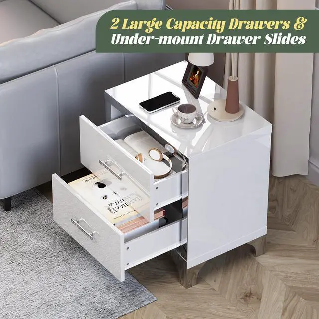 Alt view image 6 of 7 - High Gloss Mirrored Nightstand With 2 Drawers,Modern End Table With Drawers,Mirrored High Gloss Wood Nightstand Metal Handle Bedside End Table For Bedroom, Dorm,Living Room,White
