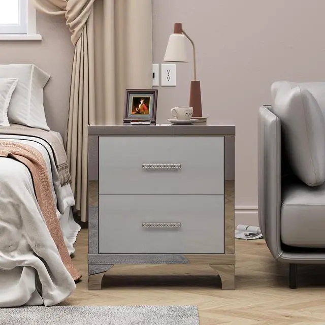 Alt view image 2 of 7 - High Gloss Mirrored Nightstand With 2 Drawers,Modern End Table With Drawers,Mirrored High Gloss Wood Nightstand Metal Handle Bedside End Table For Bedroom, Dorm,Living Room,Grey