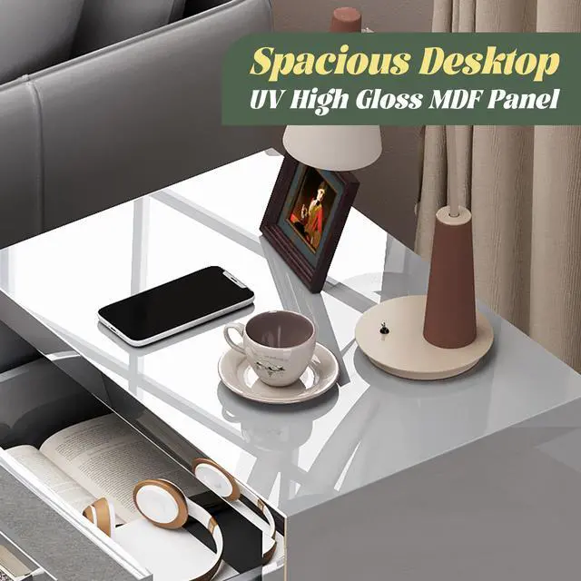 Alt view image 4 of 7 - High Gloss Mirrored Nightstand With 2 Drawers,Modern End Table With Drawers,Mirrored High Gloss Wood Nightstand Metal Handle Bedside End Table For Bedroom, Dorm,Living Room,Grey