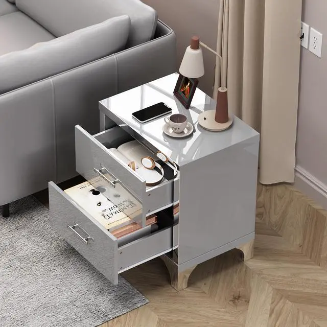 Alt view image 3 of 7 - High Gloss Mirrored Nightstand With 2 Drawers,Modern End Table With Drawers,Mirrored High Gloss Wood Nightstand Metal Handle Bedside End Table For Bedroom, Dorm,Living Room,Grey