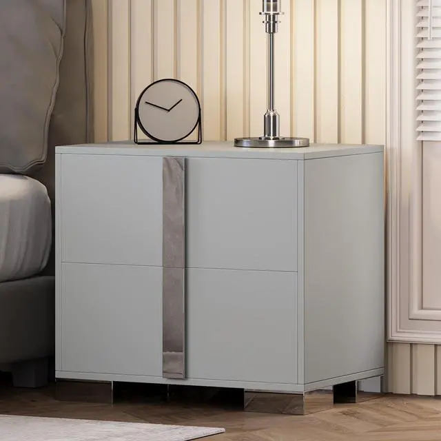 Main image of Modern End Table With Drawers, Elegant Nightstand With Metal Foot,Wood Bedside Table With Mirrored Metal Handles,Sofa Side End Table For Bedroom Living Room Office,Grey