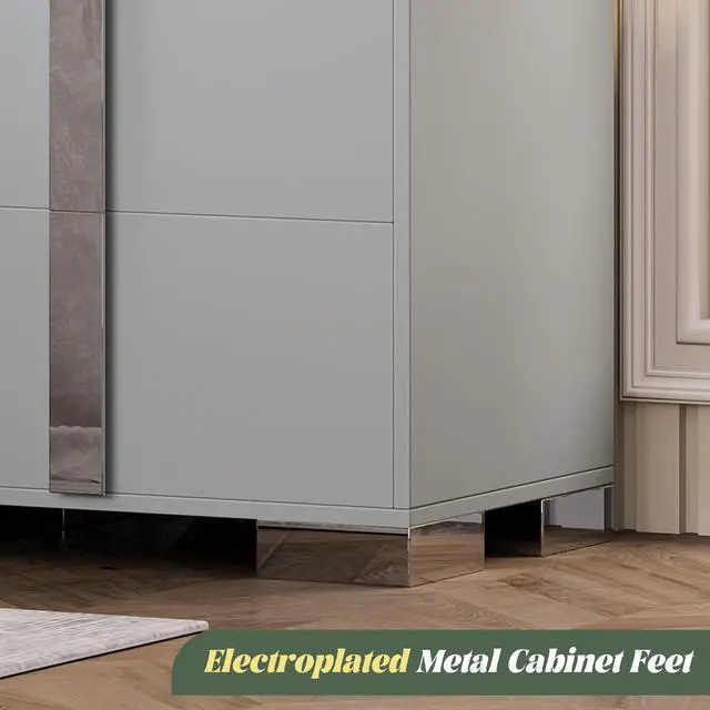 Alt view image 7 of 7 - Modern End Table With Drawers, Elegant Nightstand With Metal Foot,Wood Bedside Table With Mirrored Metal Handles,Sofa Side End Table For Bedroom Living Room Office,Grey