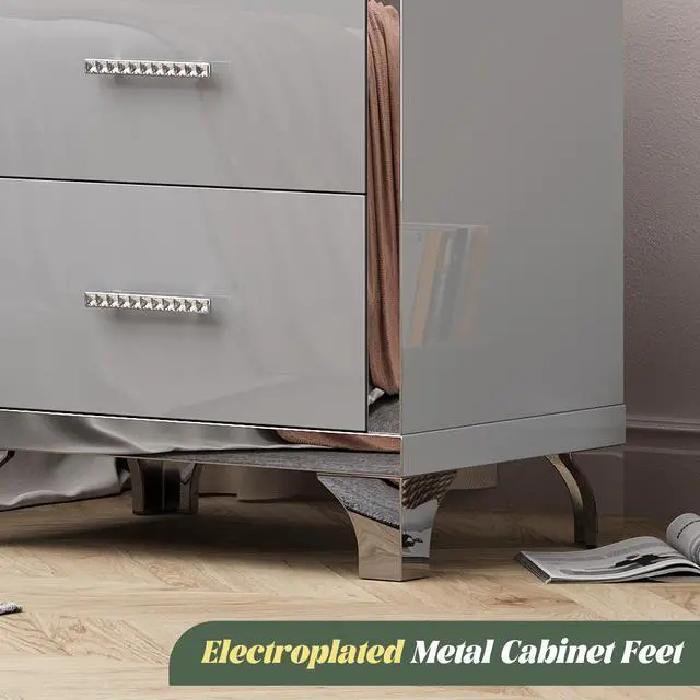 Alt view image 7 of 7 - High Gloss Mirrored Nightstand With 2 Drawers,Modern End Table With Drawers,Mirrored High Gloss Wood Nightstand Metal Handle Bedside End Table For Bedroom, Dorm,Living Room,Grey