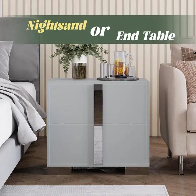 Alt view image 6 of 7 - Modern End Table With Drawers, Elegant Nightstand With Metal Foot,Wood Bedside Table With Mirrored Metal Handles,Sofa Side End Table For Bedroom Living Room Office,Grey