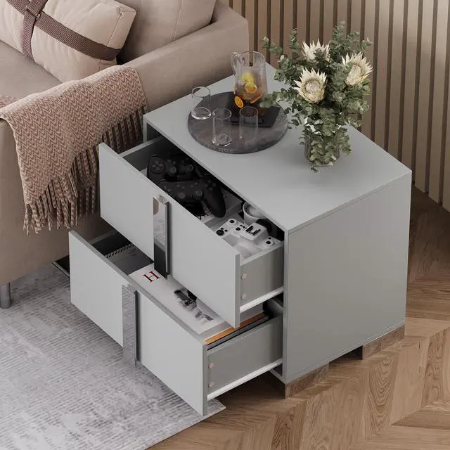 Alt view image 2 of 7 - Modern End Table With Drawers, Elegant Nightstand With Metal Foot,Wood Bedside Table With Mirrored Metal Handles,Sofa Side End Table For Bedroom Living Room Office,Grey