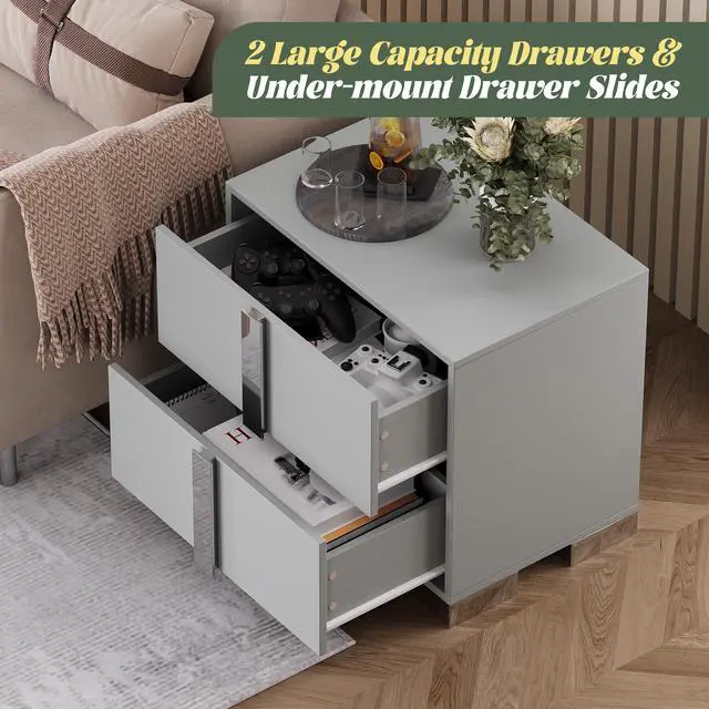 Alt view image 5 of 7 - Modern End Table With Drawers, Elegant Nightstand With Metal Foot,Wood Bedside Table With Mirrored Metal Handles,Sofa Side End Table For Bedroom Living Room Office,Grey