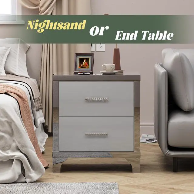Alt view image 5 of 7 - High Gloss Mirrored Nightstand With 2 Drawers,Modern End Table With Drawers,Mirrored High Gloss Wood Nightstand Metal Handle Bedside End Table For Bedroom, Dorm,Living Room,Grey