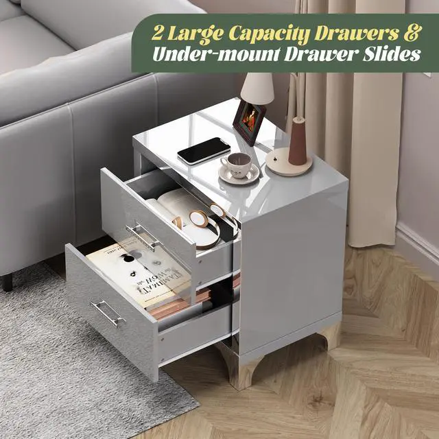 Alt view image 6 of 7 - High Gloss Mirrored Nightstand With 2 Drawers,Modern End Table With Drawers,Mirrored High Gloss Wood Nightstand Metal Handle Bedside End Table For Bedroom, Dorm,Living Room,Grey