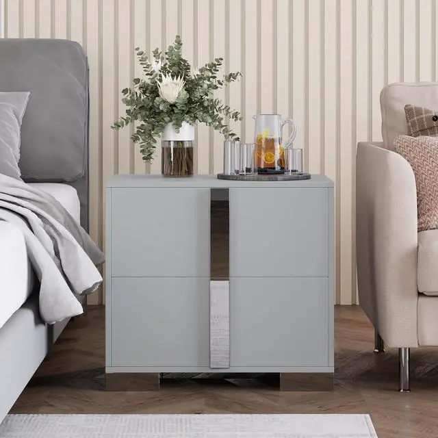 Alt view image 3 of 7 - Modern End Table With Drawers, Elegant Nightstand With Metal Foot,Wood Bedside Table With Mirrored Metal Handles,Sofa Side End Table For Bedroom Living Room Office,Grey