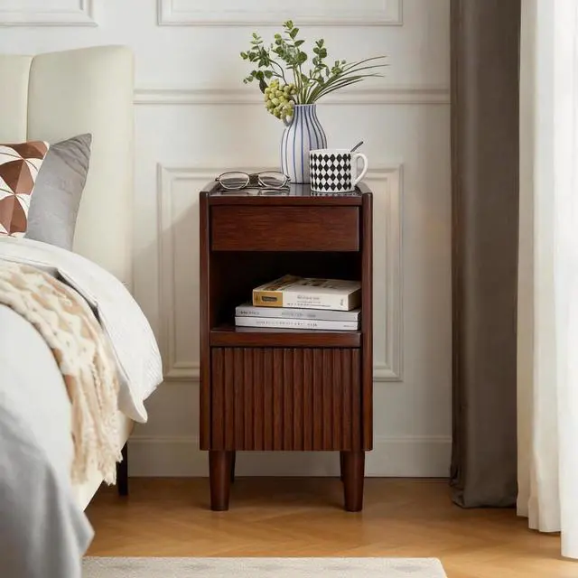 Alt view image 4 of 6 - Wooden Bedside Table With 1 Drawer Open Shelves, Wood Board Side Tables Storage Small Narrow Desk Chest Of Drawer, Lamp Stand Nightstand Cabinet, Bedroom Living Room Home Furniture