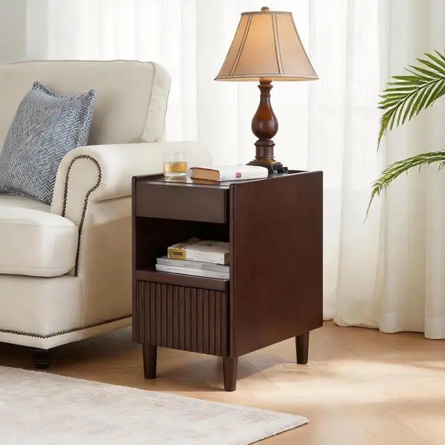 Alt view image 6 of 6 - Wooden Bedside Table With 1 Drawer Open Shelves, Wood Board Side Tables Storage Small Narrow Desk Chest Of Drawer, Lamp Stand Nightstand Cabinet, Bedroom Living Room Home Furniture