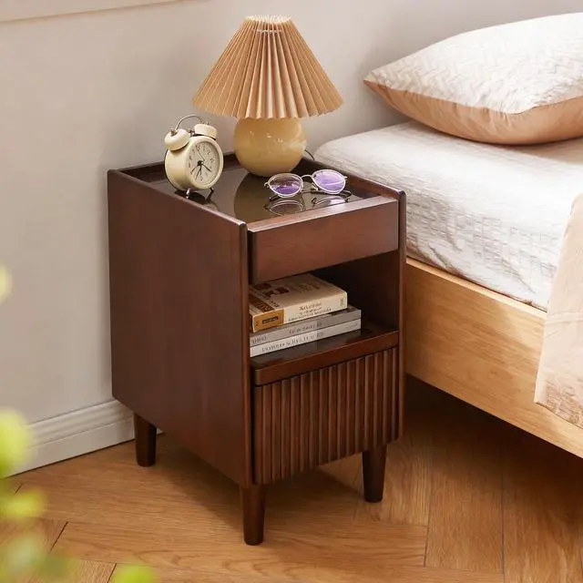 Alt view image 5 of 6 - Wooden Bedside Table With 1 Drawer Open Shelves, Wood Board Side Tables Storage Small Narrow Desk Chest Of Drawer, Lamp Stand Nightstand Cabinet, Bedroom Living Room Home Furniture