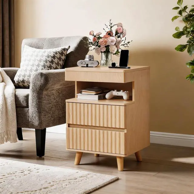 Main image of Modern Bedside Table With Gun Drawer,Bedside Table With Charging Station, 2 Drawers And Open Shelf,Side Table For Bedroom(Oak)