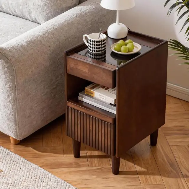 Alt view image 3 of 6 - Wooden Bedside Table With 1 Drawer Open Shelves, Wood Board Side Tables Storage Small Narrow Desk Chest Of Drawer, Lamp Stand Nightstand Cabinet, Bedroom Living Room Home Furniture