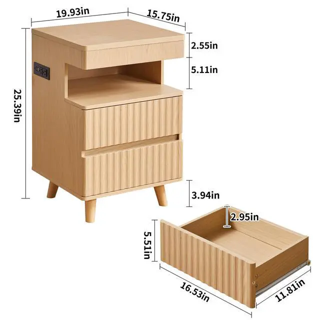 Alt view image 2 of 5 - Modern Bedside Table With Gun Drawer,Bedside Table With Charging Station, 2 Drawers And Open Shelf,Side Table For Bedroom(Oak)