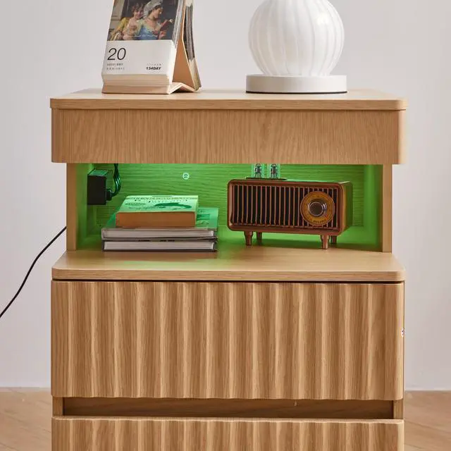 Alt view image 4 of 5 - Modern Bedside Table With Gun Drawer,Bedside Table With Charging Station, 2 Drawers And Open Shelf,Side Table For Bedroom(Oak)