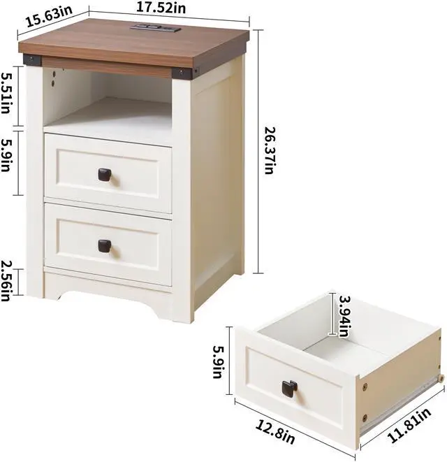 Main image of Farmhouse Side Table With Charging Station, Antique Nightstands With Drawers, Bedside Table With Open Shelf For Bedroom, White