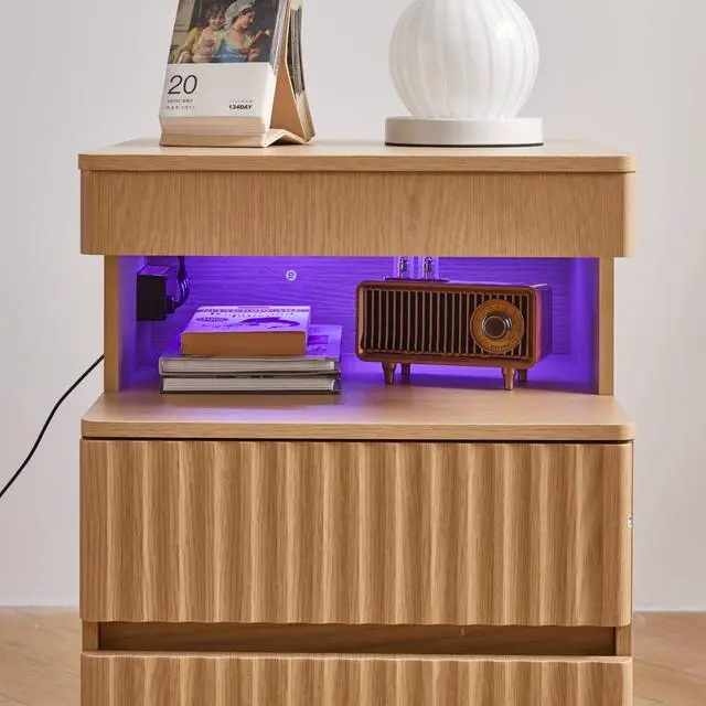 Alt view image 5 of 5 - Modern Bedside Table With Gun Drawer,Bedside Table With Charging Station, 2 Drawers And Open Shelf,Side Table For Bedroom(Oak)