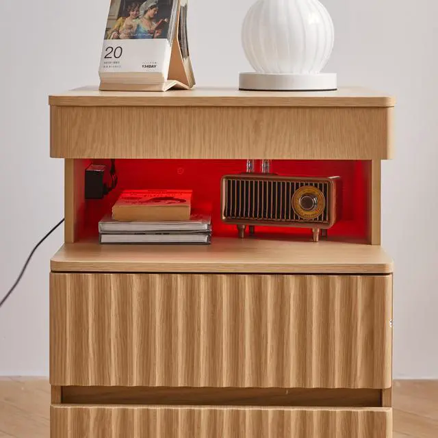 Alt view image 3 of 5 - Modern Bedside Table With Gun Drawer,Bedside Table With Charging Station, 2 Drawers And Open Shelf,Side Table For Bedroom(Oak)