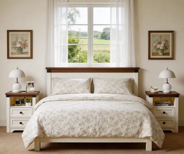 Alt view image 2 of 2 - Farmhouse Side Table With Charging Station, Antique Nightstands With Drawers, Bedside Table With Open Shelf For Bedroom, White
