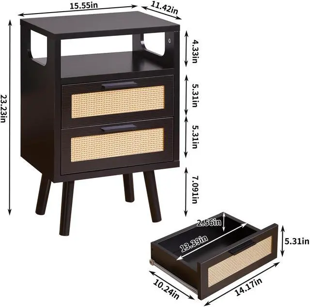 Main image of Set Of 2 With 2 Drawers, 15.4" Modern Storage Bedside Table With Golden Metal Handles, Wooden End Table For Bedroom, Black