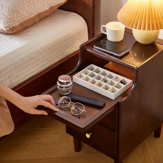 Alt view image 4 of 7 - Solid Wood Nightstand With Two Drawers And Pull-Out Panel Storage Bedside Table And Sofa Side Table