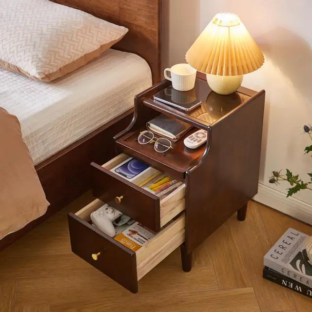 Alt view image 5 of 7 - Solid Wood Nightstand With Two Drawers And Pull-Out Panel Storage Bedside Table And Sofa Side Table
