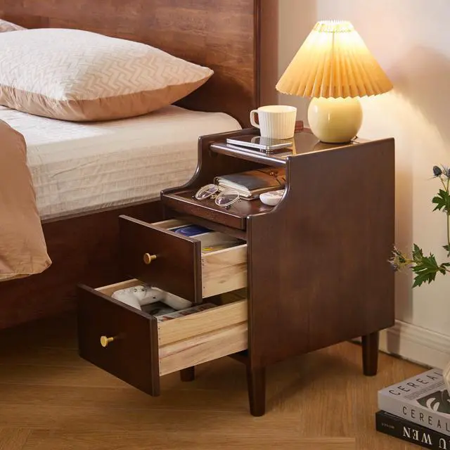 Alt view image 3 of 7 - Solid Wood Nightstand With Two Drawers And Pull-Out Panel Storage Bedside Table And Sofa Side Table