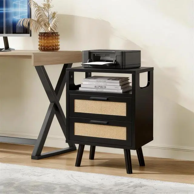 Alt view image 2 of 2 - Set Of 2 With 2 Drawers, 15.4" Modern Storage Bedside Table With Golden Metal Handles, Wooden End Table For Bedroom, Black