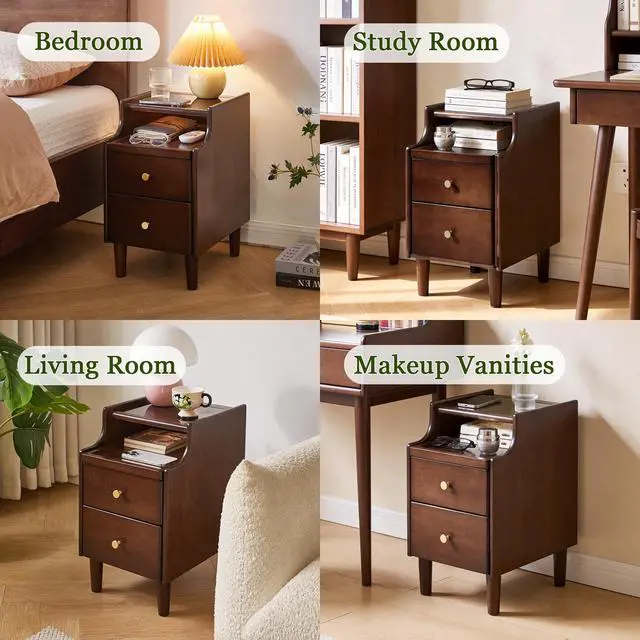 Alt view image 7 of 7 - Solid Wood Nightstand With Two Drawers And Pull-Out Panel Storage Bedside Table And Sofa Side Table