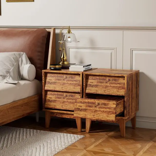 Main image of 2 Set Nightstands Features Vintage-Style And Bevel Design, Made Of Mdf, Mid Century Modern Nightstand, Night Stand For Bedroom