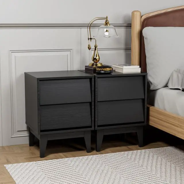 Main image of 2 Set Nightstands Features Vintage-Style And Bevel Design, Made Of Mdf, Mid Century Modern Nightstand, Night Stand For Bedroom